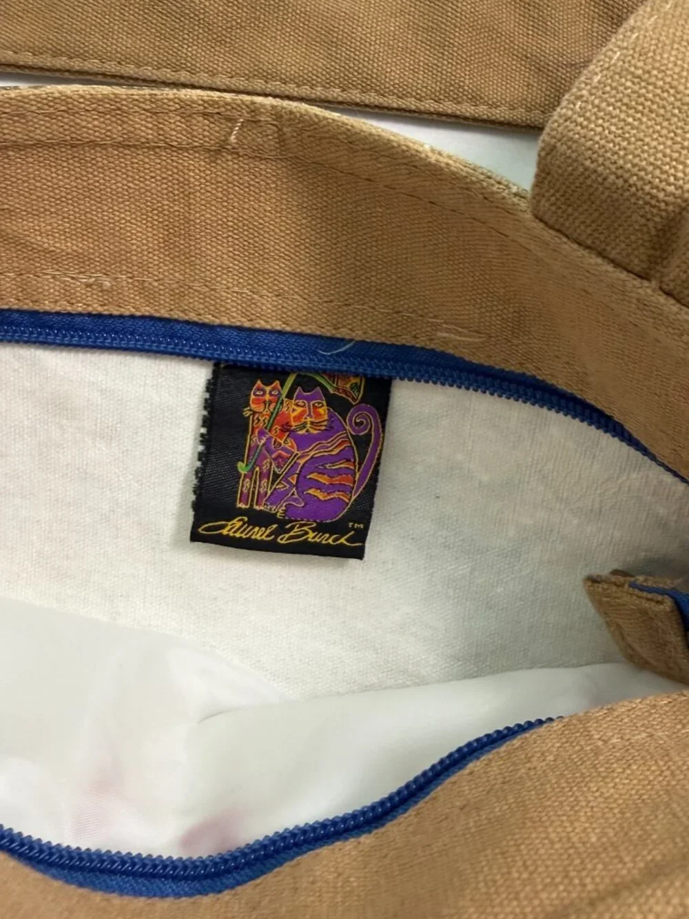 Laurel Burch Cat Tote Bag Vintage Style Canvas Handbag Blue Cats Folk Art Zipper